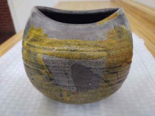 Vintage Raku Pottery Vase; Hand Made; Yellow And Drip Glaze.