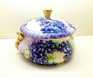 Vtg Violet & Gold Forget Me Nots Covered China Bowl Floral Porcelain Gold Leaf