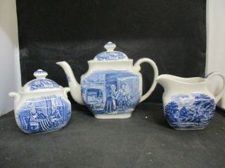 Historical Staffordshire England Liberty Blue Tea Pot Creamer & Sugar Bowl Set