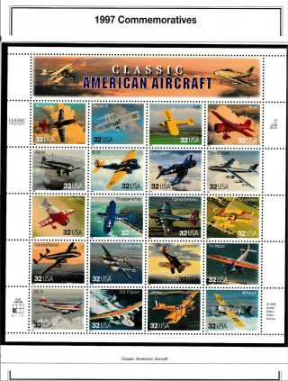 A Sheet Of " Classic American Aircraft " Us Commemorative Stamps,  1997