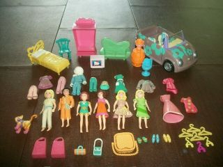 Polly Pocket Picnic To Go Car Convertible Purple Year 2003 W/ Dolls,  Furniture