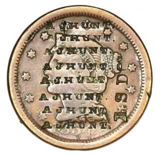 1854 U.  S.  Large Cent,  Counterstamp " A.  J.  Hunt.  / L.  S.  Dow.  " (multiple Stamps)