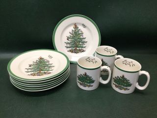 Set Of 7 Spode Christmas Tree Lunch Salad Plates S3324 - A13 7 - 5/8 " & 3 Mugs