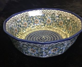 Unikat Polish Pottery Extra Large Serving Bowl Artish Signed Blues Hand Painted
