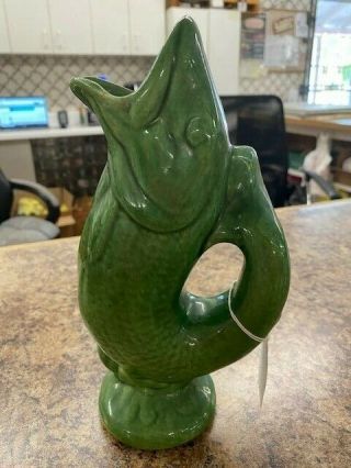 Vintage Dartmouth Pottery Devon England Green Gurgling Fish Pitcher Vase 9 1/2 "