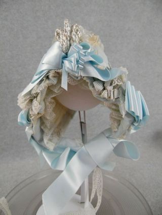 Vintage Blue With White Lace Doll Bonnet Hat For Medium To Larger Size Doll