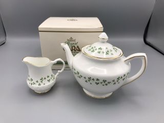Royal Tara Irish Fine Bone China Handmade Teapot & Creamer Shamrock Pattern