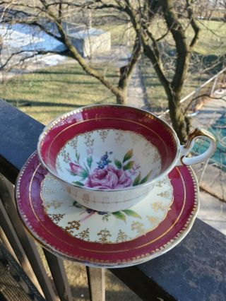 Scarce Red And Gold Aynsley Teacup Cabbage Rose Teacup And Saucer Massive Roses