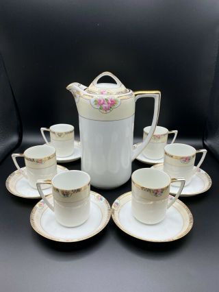 Antique Nippon Hot Chocolate / Coffee Set For 6,  Art Deco,  Roses,  White,  Gold