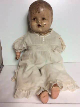 Vintage Antique Composition Cloth Baby Doll 19” Open Mouth,  Tin Eyes,  Clothes