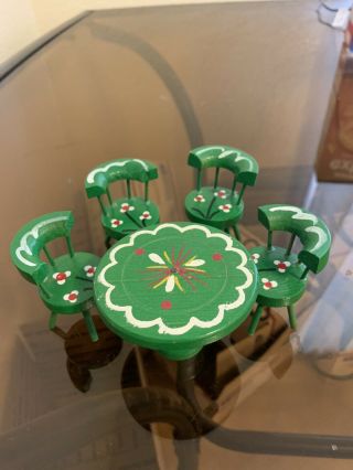 Wooden Dollhouse Furniture Kitchen Table 5 Chairs Green Hand Painted Floral Vtg