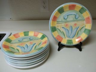 Bella Ceramica Stoneware Set Of 7 Dinner Plates Blue Flower Blue Green Yellow