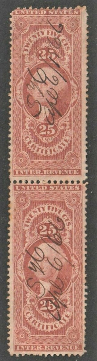 Us Revenue (scott R44c) 1862 - 71 First Issue 25c Red Certificate Pair