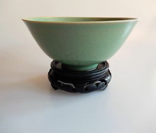 Chinese Celadon Crackled Glaze Bowl Studio Hand Crafted Signed With Stand