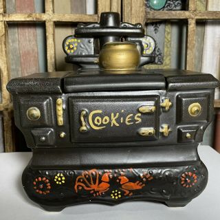 Vintage Mccoy Pottery Cookie Jar Ceramic Black Cast Iron Wood Cook Stove Usa