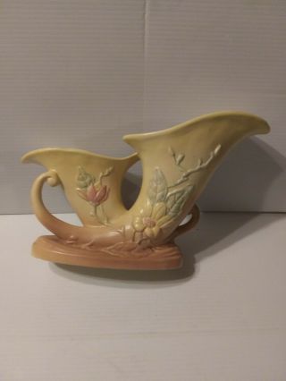 Vintage Hull Art Pottery Magnolia Double Cornucopia Vase Pink & Yellow