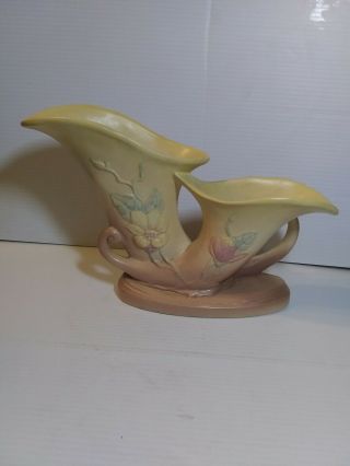 Vintage Hull Art Pottery Magnolia Double Cornucopia Vase Pink & Yellow 2