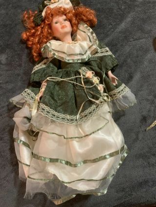 Vintage 20 Inch Porcelain Doll " Carmen " Red Hair - White/green Dress With Purse
