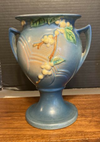 Roseville Pottery Blue Snowberry Vase Trophy Shape Iur 8