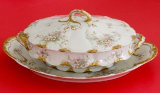 Antique Haviland Limoges Covered Vegetable & Platter Pink Cherry Blossoms Gold