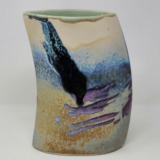 Mid - Century Mcm Studio Art Pottery Vase - Blue Abstract Drip Glaze Signed