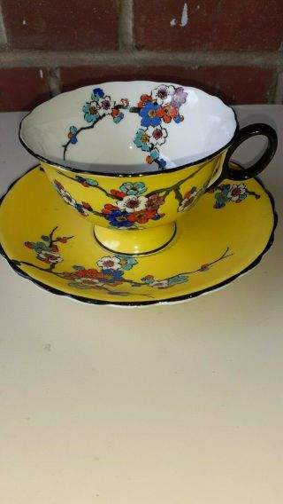 Vintage Atlas China Stoke On Trent Grimwades Yellow Blackthorn Teacup Saucer Cup
