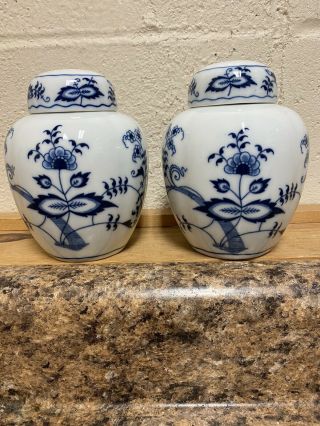Set Of 2 - Blue Danube Ginger Jars 5 " Rectangle Mark Rare Blue White