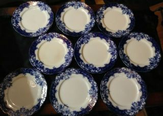 Set Of 9 9 " Plates Henry Alcock Manhattan Flow Blue & Gold Semi Porcelain C1900