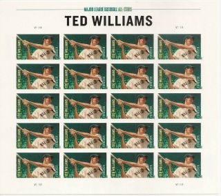 Ted Williams Red Sox Baseball Player Sheet Of 20 Ndc Forever Stamps Scott 4694