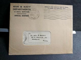 Uss Emmons Dd - 457 Naval Cover 1944 Censored Wwii W/ V - Mail Letter