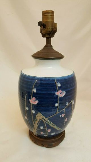 Vintage Japanese Cherry Blossom Stoneware Pottery Lamp Ceramic Textured Blue