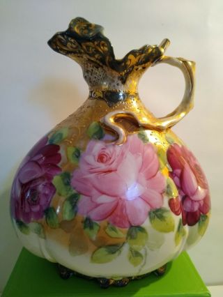 Nippon Art Nouveau Hand Painted Floral Colbalt/gold Beaded 7 " Footed Ewer Pitch