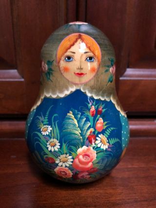 Russian Doll Matryoshka Signed Roly Poly Bell Rattle Hand Painted Woman Flowers