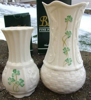 2 Belleek Vases Ireland Fine Parian China Hand Crafted Irish Shamrock Kells Box