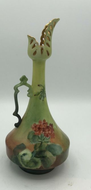 M R France 1891 - 96 Martial Redon Limoges Pitcher Vase 9” Hand - Painted Floral B