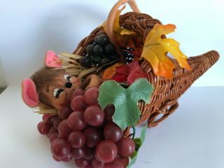 Thanksgiving Annalee Doll Brown Mouse Laying In A Whicker Cornucopia Of Grapes