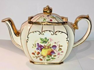 Vintage Sadler Cube Teapot Made In England Signed 1920 Gold Trim Fruit Design