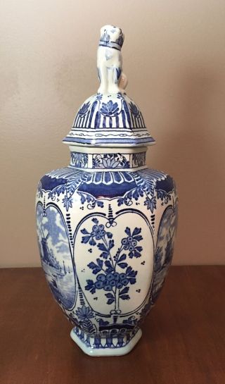 Delft Blue Vase Urn W/ Lid - 14” Ginger Jar Foo Dog By Boch Royal Sphinx Holland
