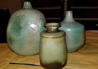 Vintage Set Of 3 Gotek Colonia Tovar Venezuela Vases Green Jade Art Pottery