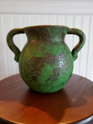 Antique Weller Handmade Green Coppertone Pottery Handled Vase