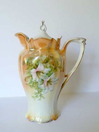Antique German Rs Prussia Lustre Lily Porcelain Chocolate Pot