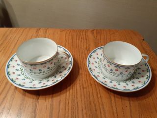 Two Ceralene Raynaud Limoges Lafayette Cups And Saucers Flat With Spur Handles