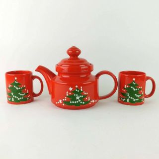 Waechtersbach Christmas Tree Pattern Tea Pot Teapot W/ 2 Mugs W West Germany E8