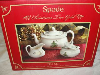 Nib Vintage Spode Christmas Tree Gold Tea Set Teapot Sugar Creamer 2 Lids