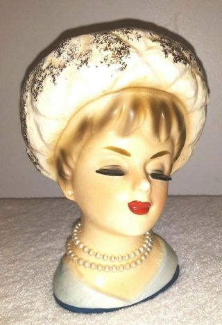 Vintage Hand Painted 6 " Lady Head Vase Pearls Hat With Gold Blue Collectibles