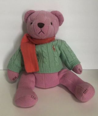 2004 Ralph Lauren Polo Stuffed Teddy Bear - Pink Bear With Teal Sweater