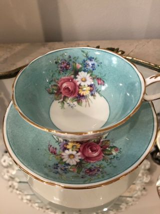 Vintage Paragon Handpainted Pink Rose Bouquet Flowers Tea Cup Saucer Turquoise