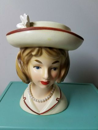 Vintage Relpo Lady Head Vase Planter K - 1613 Wearing Hat With Flower