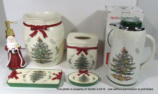 6 Spode Christmas Tree Thermal Carafe,  Red Waste Basket,  Soap Dish,  Tissue Box,