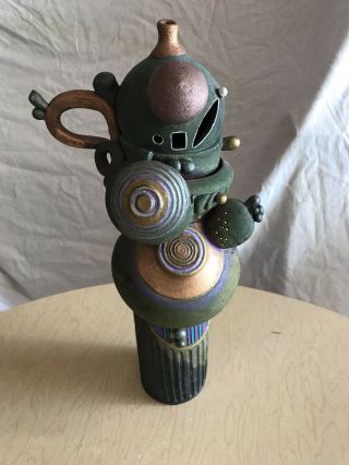 Vintage 90s Modernist Pottery Art Turner Abstract Raku Ceramic Vase Signed 16 " T